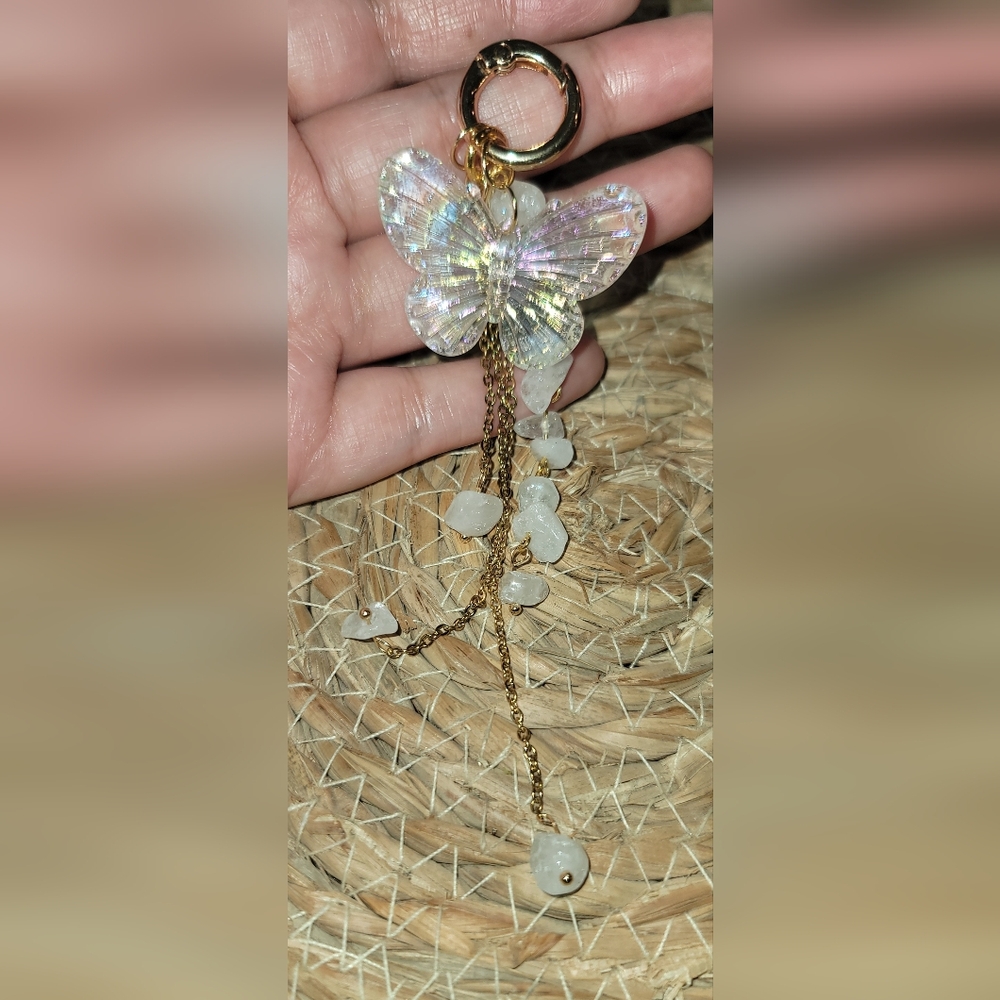 White Quartz & Iridescent Butterfly Purse Charm / Keychain